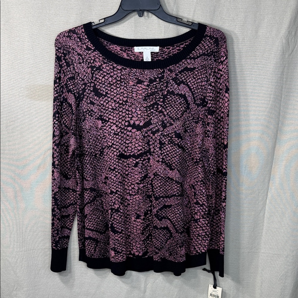 Emaline Sweater Pink/Black Silver Glitter PatternedCrew Neck Sz. 1X &‎ 3X  NWT
